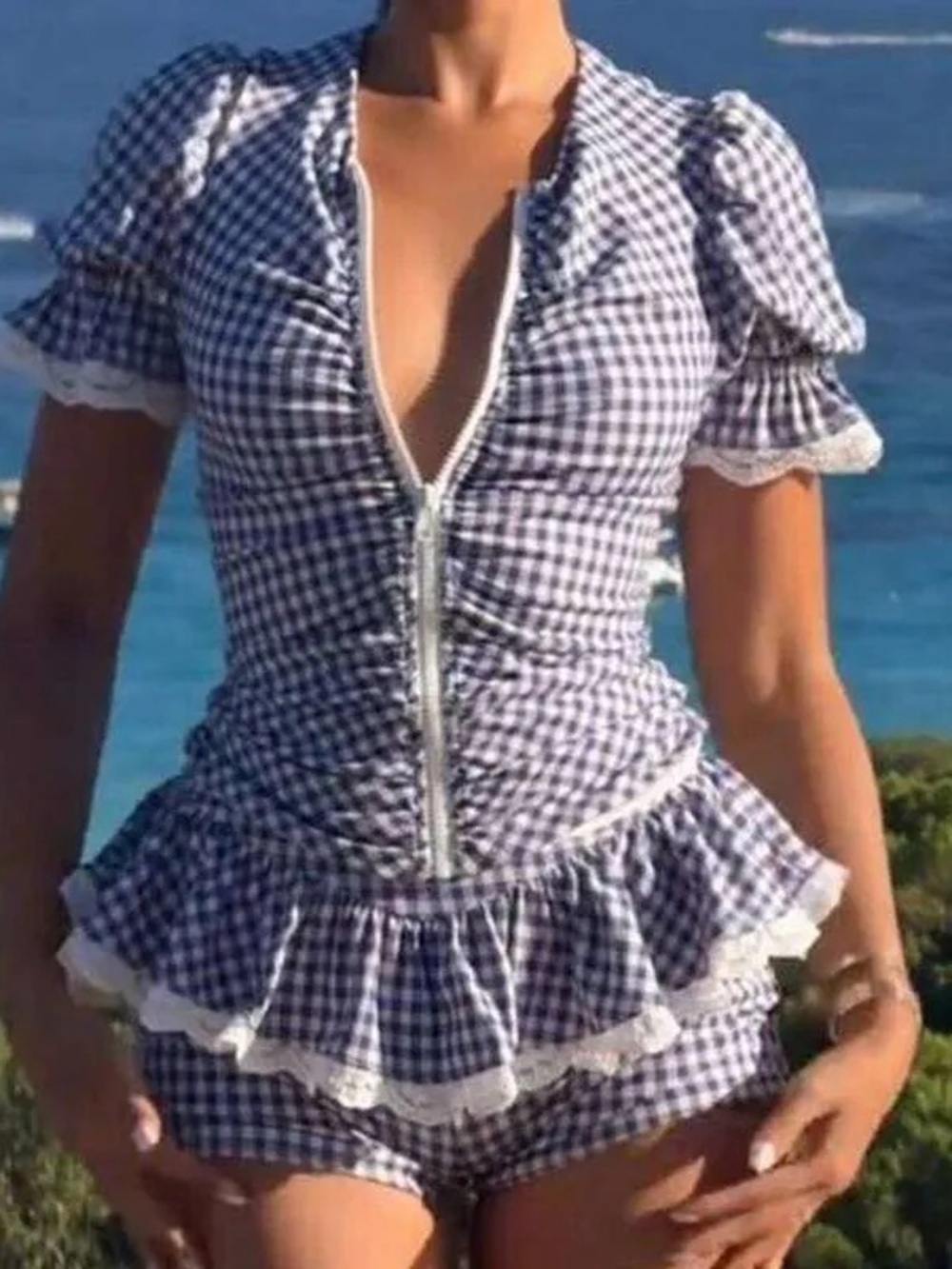 Selkie NWT Blue and White Gingham Ruffle Top and Shorts Swimming Suit